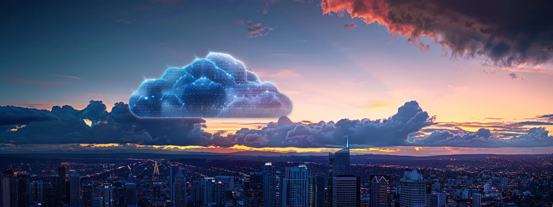 a dramatic landscape showcasing a bustling city skyline at dusk, illuminated by the soft glow of digital data streams cascading down from the cloud above, symbolizing the transformative power of managed cloud solutions in reducing it expenses.