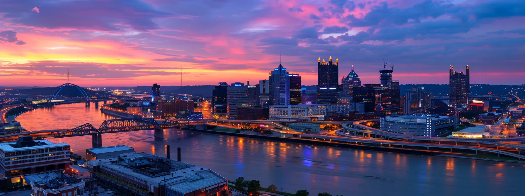 a dynamic aerial view of a bustling city skyline transitioning into a vibrant digital landscape, symbolizing the seamless migration to the cloud with glowing network lines interconnecting futuristic buildings under a dramatic sunset.