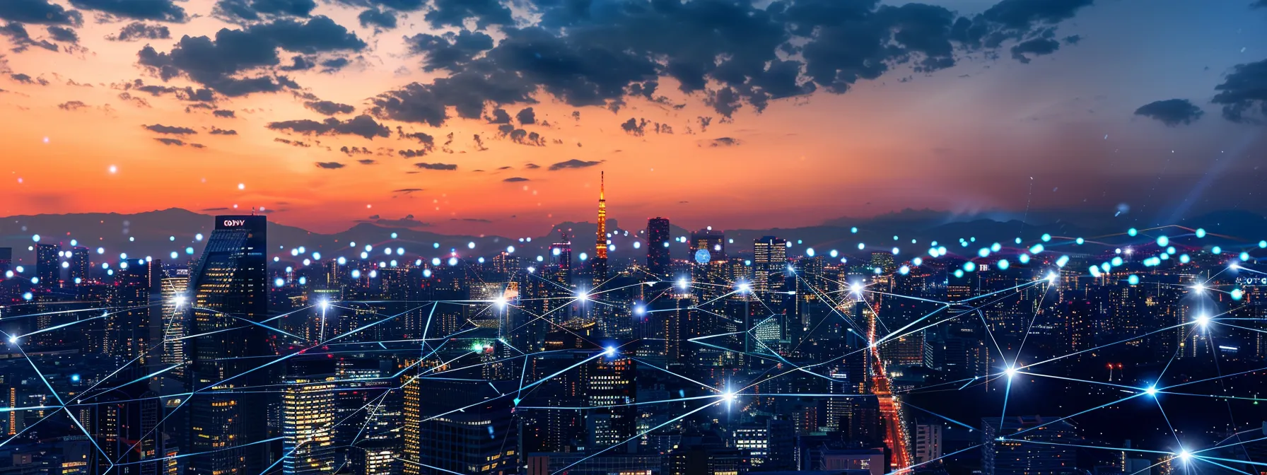 a dynamic and futuristic city skyline is illuminated at dusk, showcasing intricate networks of glowing connections symbolizing enterprise connectivity solutions.