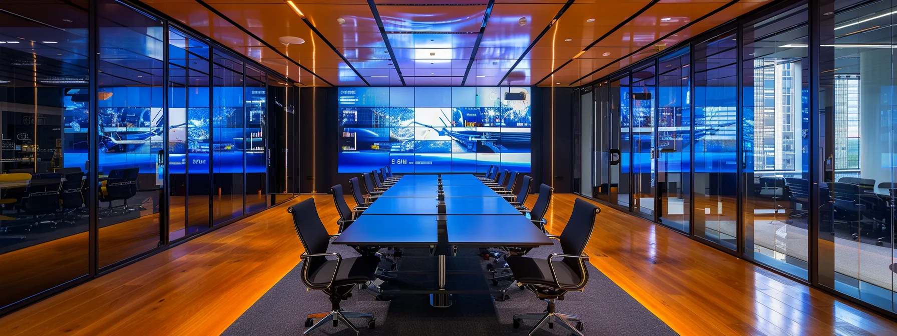 a dynamic and sleek conference room filled with advanced technology displays, showcasing a vibrant array of unified communications solutions in action, illuminated by soft, ambient lighting.