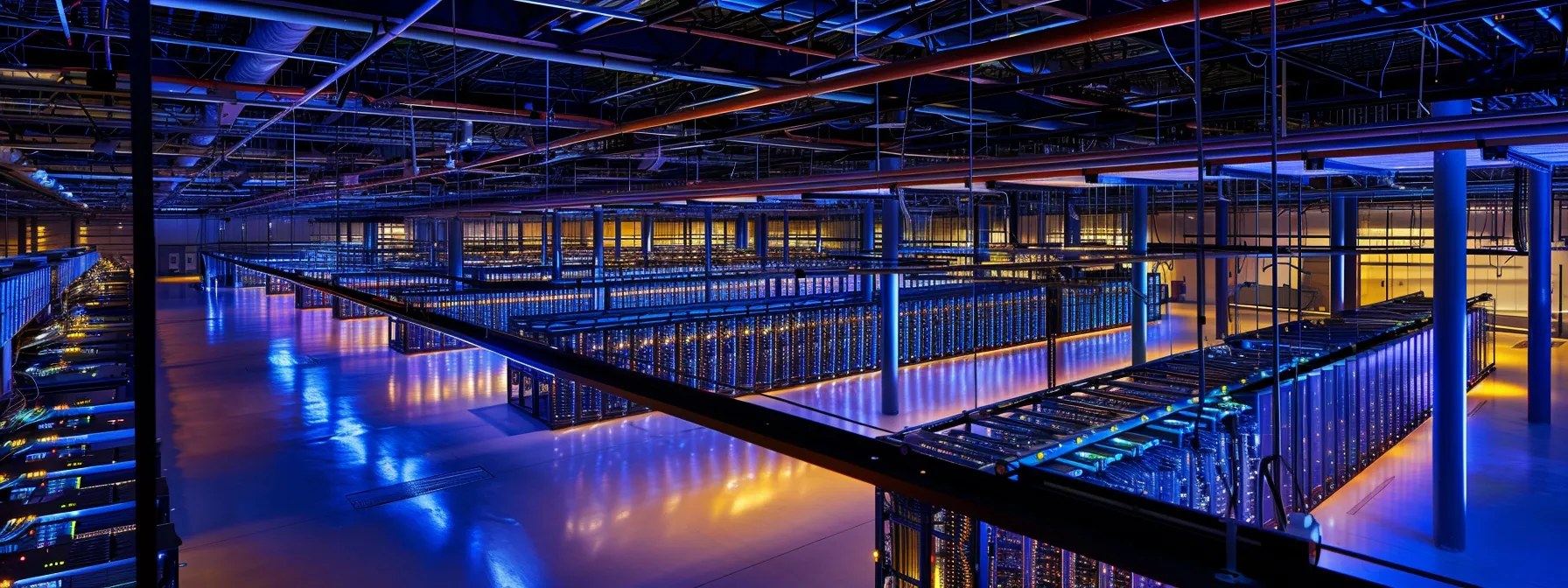 a dynamic, high-tech data center bustling with servers illuminated by vibrant led lights, symbolizing the efficiency and security of managed cloud services in a sleek, modern environment.
