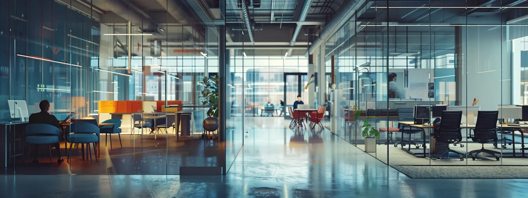 a dynamic office environment bustling with vibrant interactions through advanced technology, showcasing seamless communication between diverse teams in a modern enterprise setting.