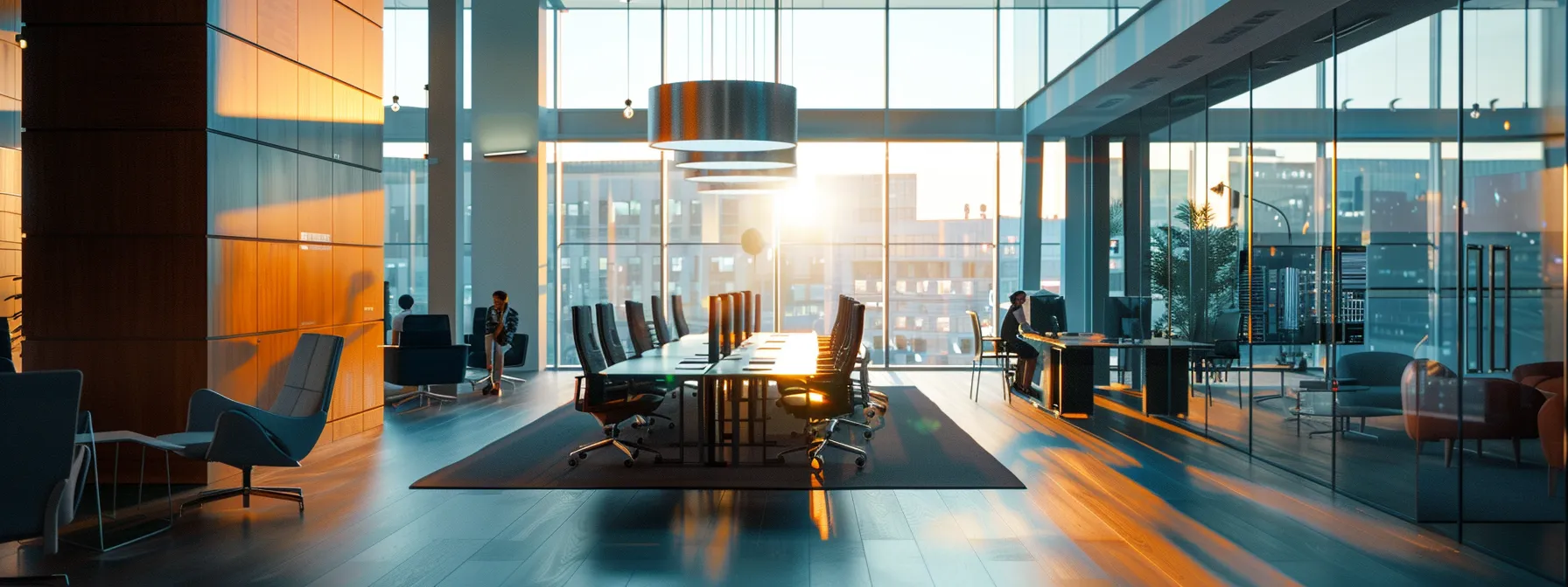 a dynamic office environment featuring sleek technology, bright screens, and engaged professionals collaborating seamlessly, illuminated by soft, natural light.
