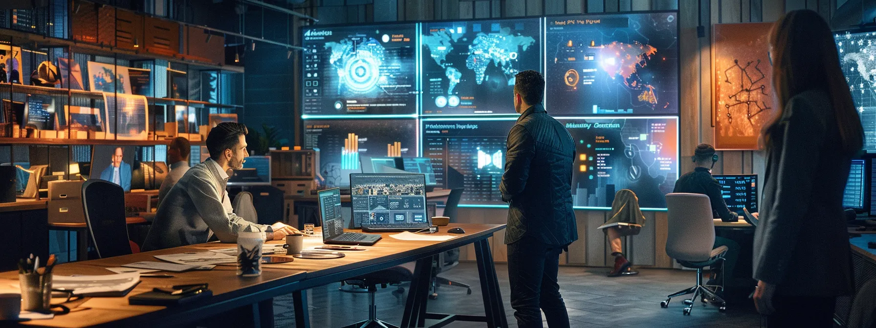 a dynamic office workspace filled with vibrant digital displays and diverse professionals seamlessly collaborating through advanced communication technology, radiating a sense of innovation and efficiency.