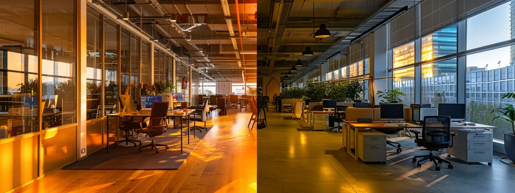 a dynamic split-screen image contrasting a bustling modern office utilizing ucaas technology on one side with a traditional office space filled with outdated communication equipment on the other, bathed in contrasting warm and cool lighting to highlight the evolution of communication methods.