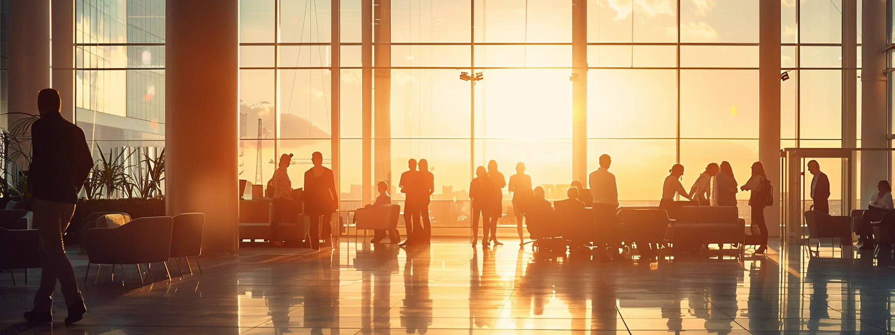 a dynamic workspace showcasing diverse professionals engaged in seamless communication through advanced unified communications technology, illuminated by natural light streaming through large windows.