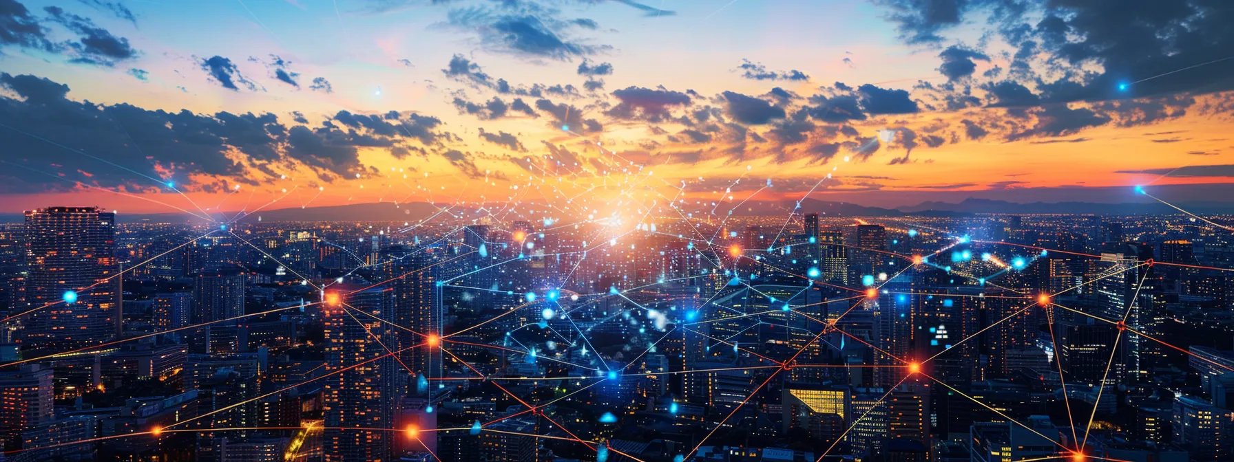 a futuristic digital landscape showcases a sprawling cityscape intertwined with luminous, rapidly flowing network lines, symbolizing the seamless scalability of advanced network solutions for enterprises under a vibrant twilight sky.