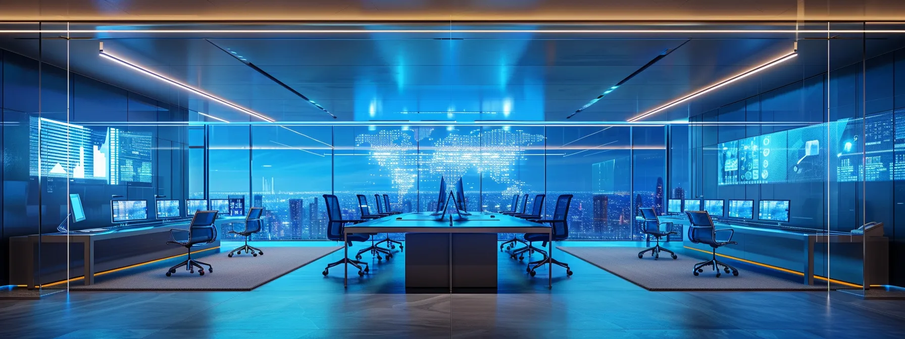 a futuristic office space bathed in soft blue light, showcasing sleek technology and vibrant screens interconnected by digital lines, symbolizing the essence of unified communications.