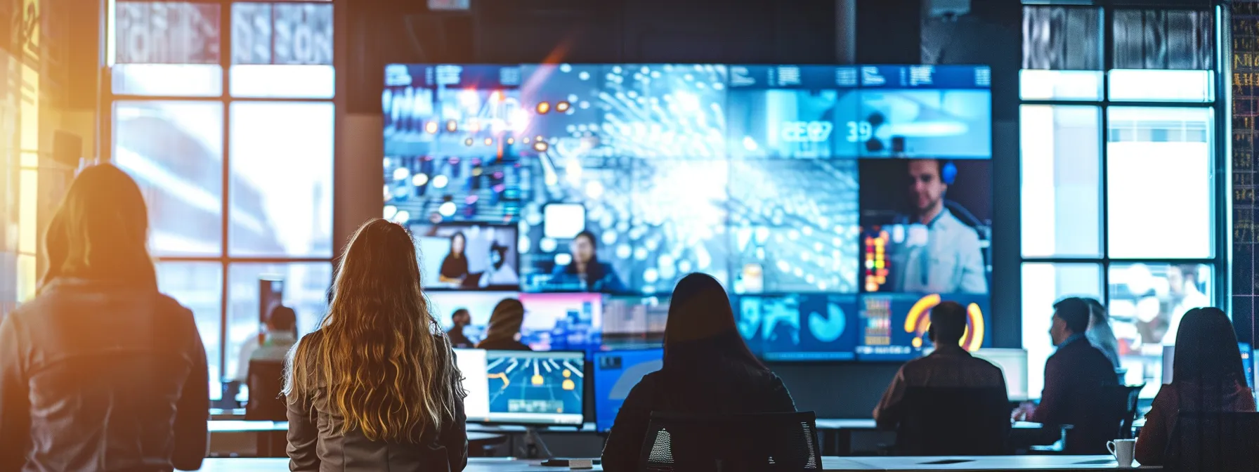 a modern office environment buzzes with collaboration, featuring sleek technology and vibrant screens displaying dynamic communication tools, symbolizing the essence of unified communications in business.