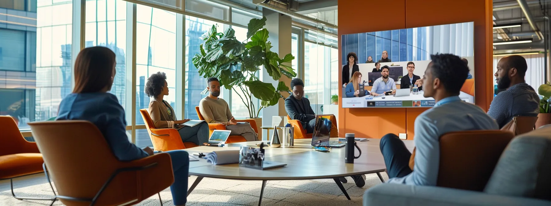 a modern, sleek office space featuring a diverse group of professionals engaged in a dynamic video conference, illuminated by soft, natural light filtering through large windows, emphasizing the theme of connectivity in unified communications.