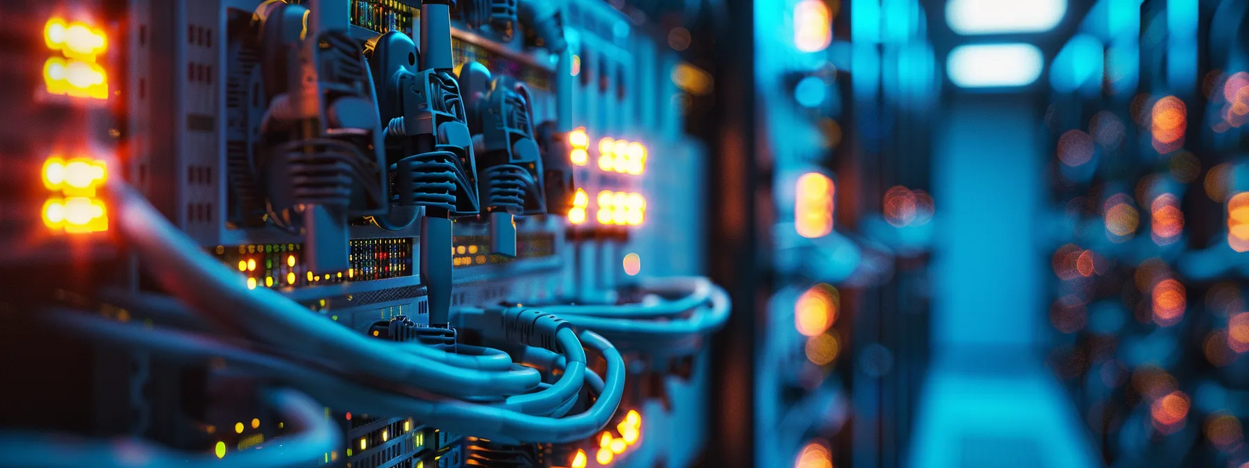 a modern, sleek server room vibrantly illuminated by cool blue lights conveys a sense of efficiency and precision in network architecture, juxtaposed with tangled, chaotic cables symbolizing common mistakes.