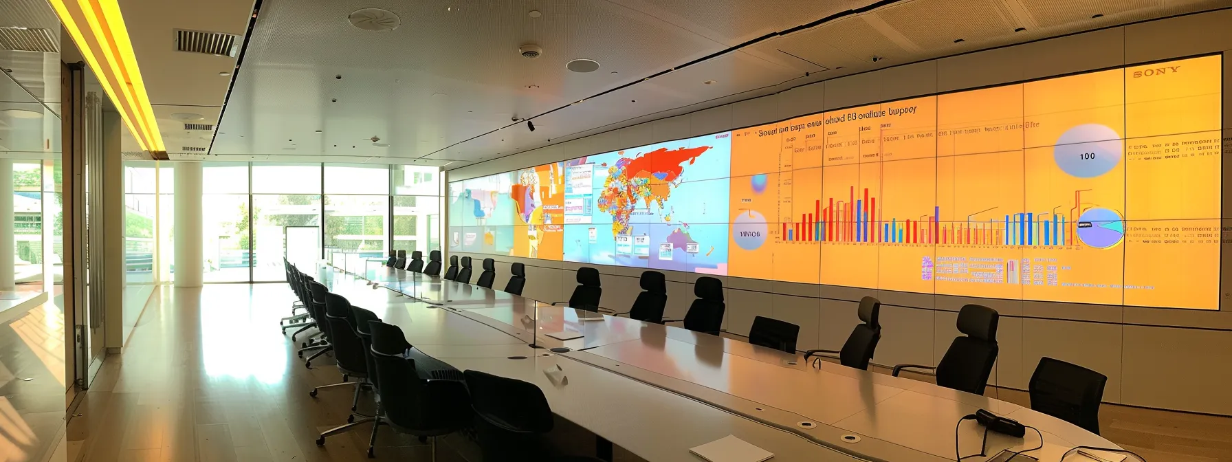 a sleek, modern conference room bathed in soft natural light, showcasing a large, interactive display board filled with vibrant graphs and charts comparing unified communication services, emphasizing clarity and connectivity.