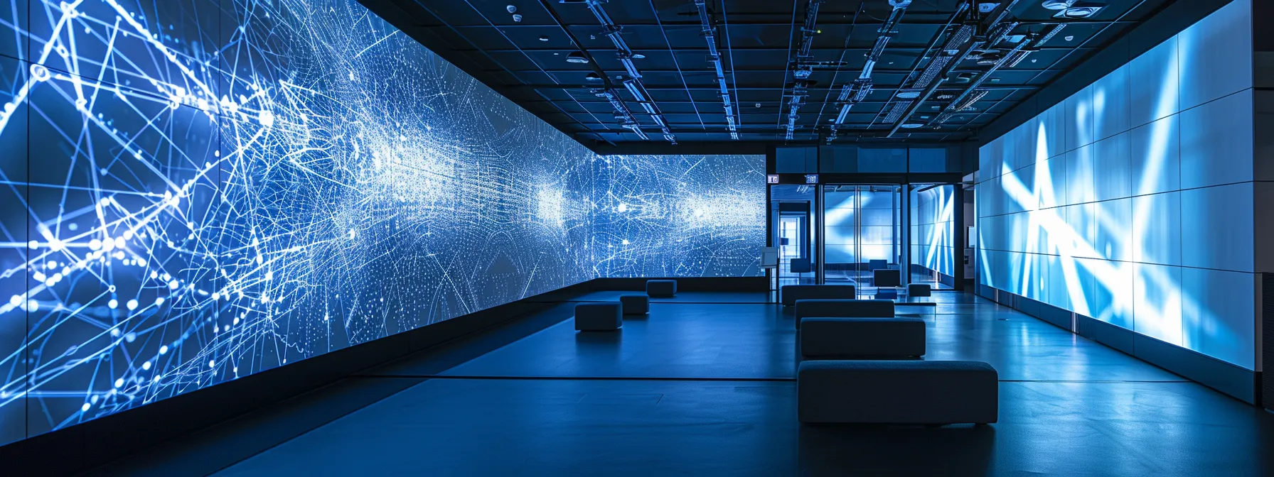 a sleek, modern conference room filled with bright, ambient light showcases an intricate digital network architecture diagram projected on a translucent screen, symbolizing enterprise innovation and best practices in design.