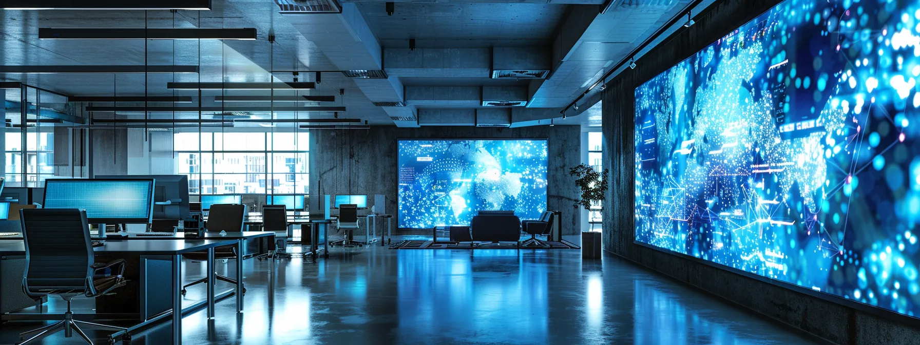 a sleek, modern office environment showcasing vibrant digital communication screens, symbolizing the dynamic evolution of ucaas in 2023.