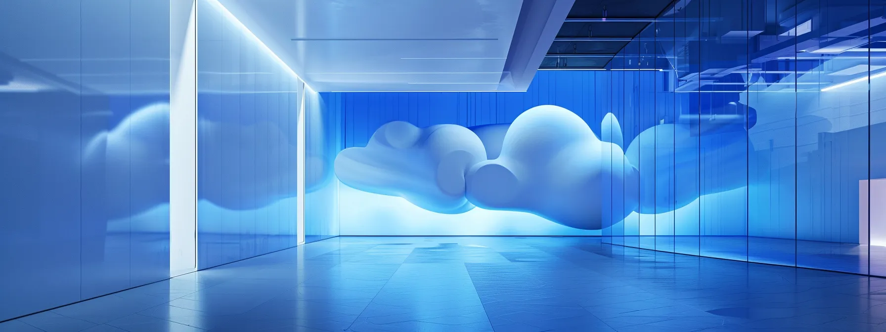 a sleek, modern server room bathed in soft blue lighting, featuring cloud-shaped graphics illuminating a wall, symbolizing efficient and cost-effective cloud migration services.