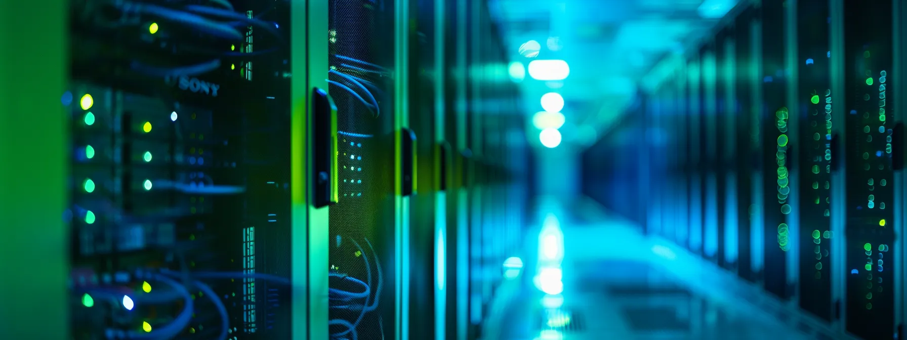 a sleek, modern server room illuminated by soft blue and green lights showcases a sophisticated network architecture with neatly organized cables and advanced technology, symbolizing the essence of effective enterprise design.
