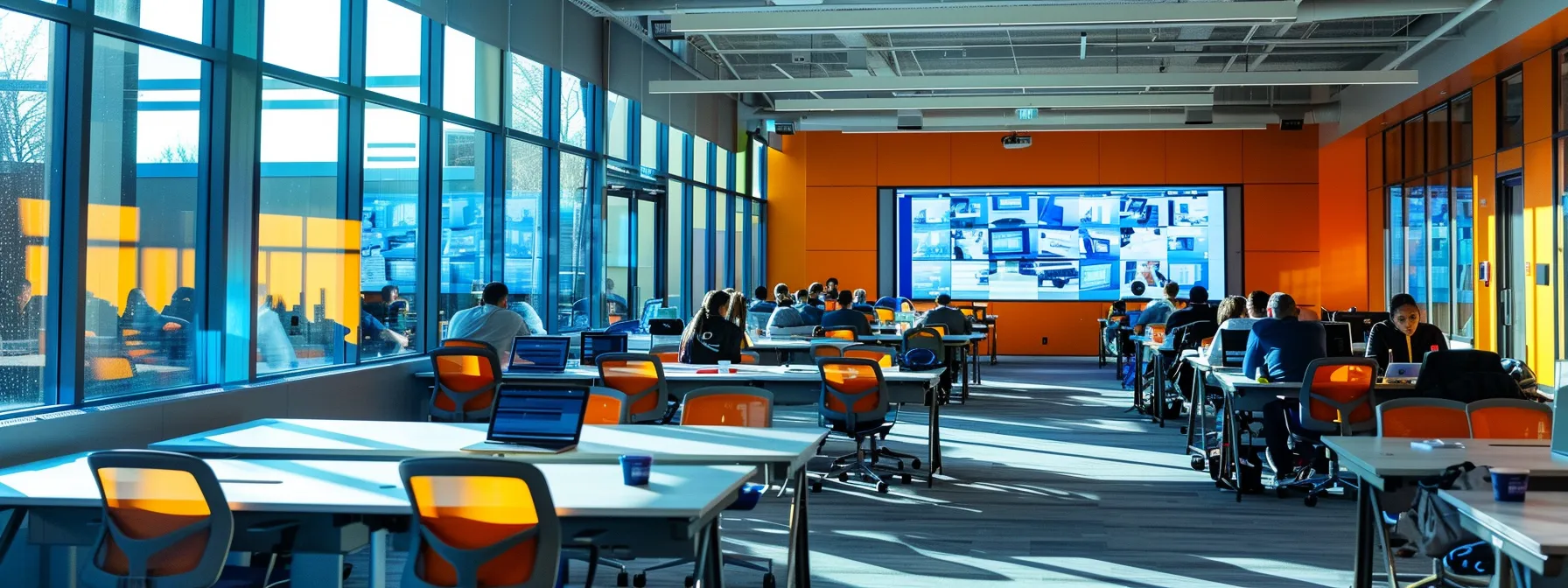 a vibrant conference room filled with individuals engaged in dynamic discussions, illuminated by natural light streaming through large windows, showcasing various unified communications tools on sleek tables.