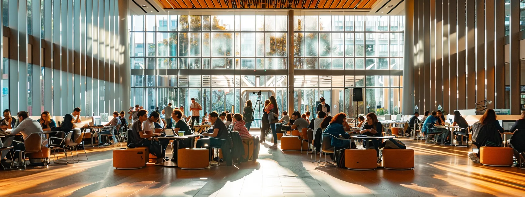 an expansive, modern office space filled with vibrant energy, showcasing teams collaborating seamlessly through sleek digital devices, illuminated by soft, natural light streaming through large windows.