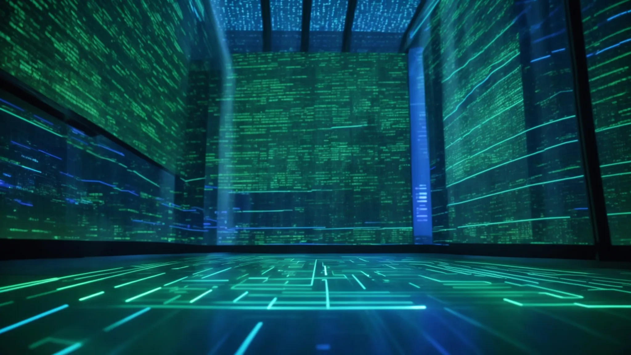 a powerful digital fortress bathed in a spectrum of blue and green lights, symbolizing robust saas security practices with a backdrop of swirling data streams.