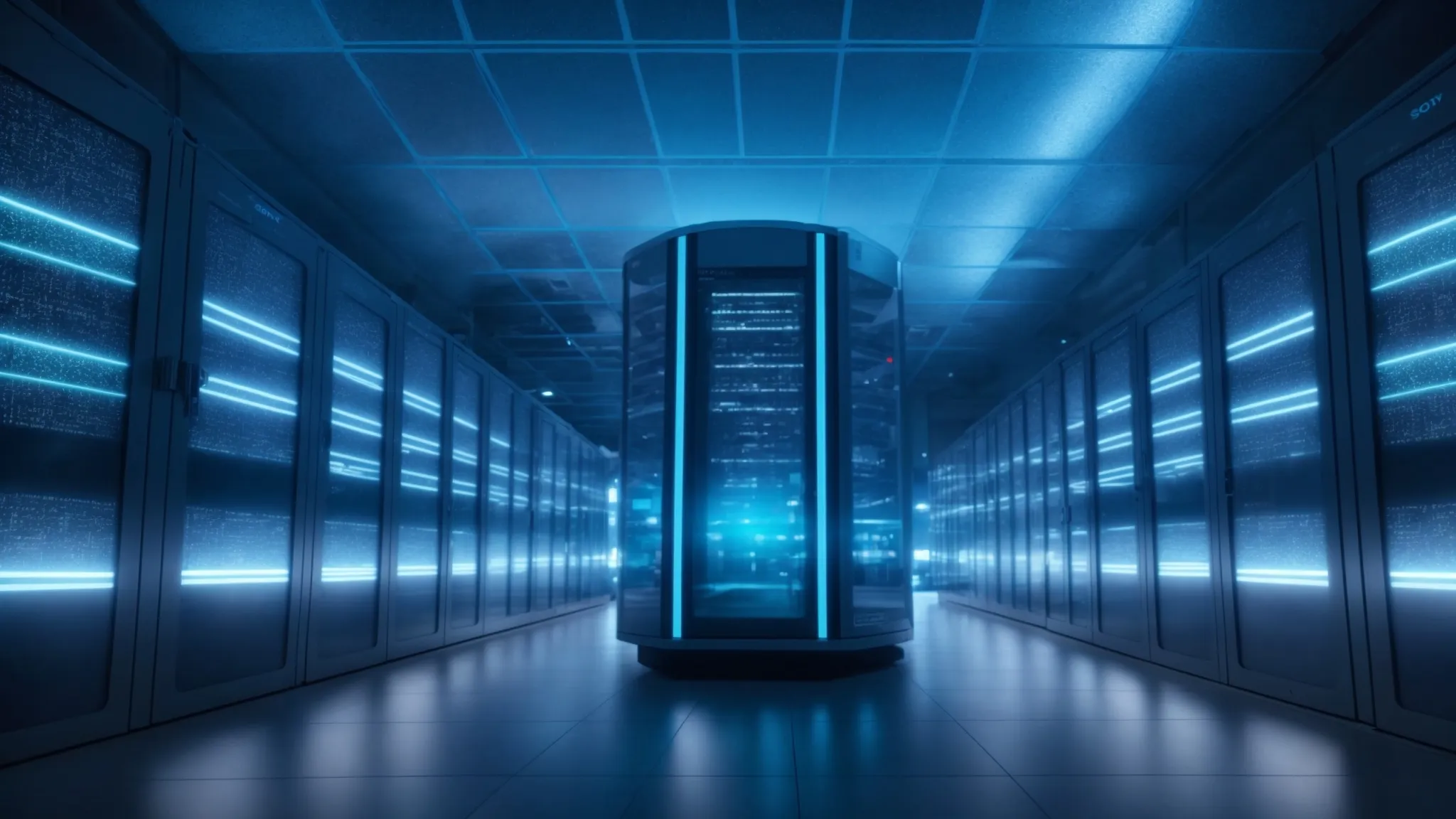 a sleek, modern cloud data center illuminated by soft blue lighting symbolizes robust saas security, with swirling digital icons representing compliance standards hovering in the air.