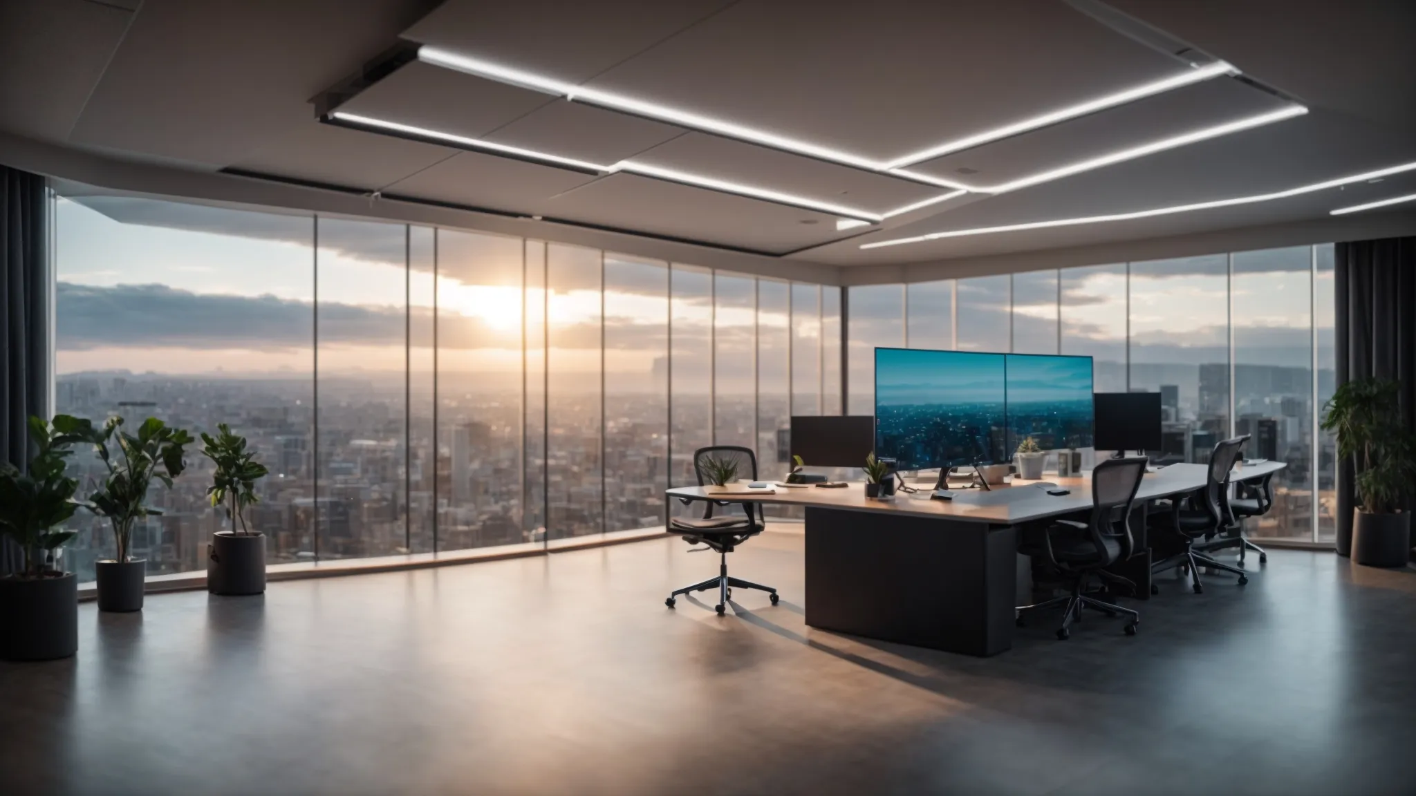a sleek, modern cloud office environment brimming with vibrant digital interfaces, symbolizing the seamless integration of technology and compliance in saas.