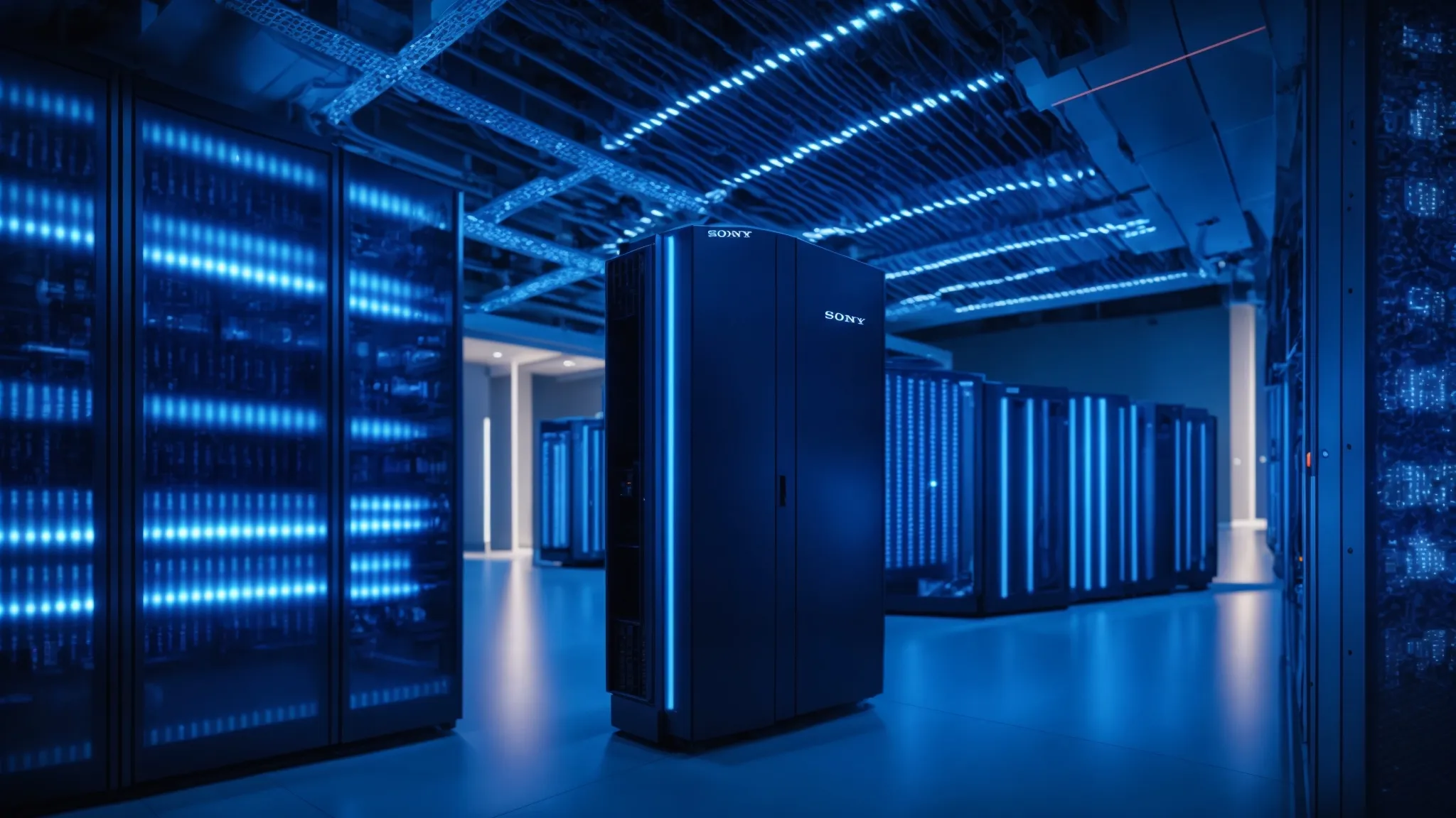 a sleek, modern data center bathed in cool blue light, showcasing intricate server racks and glowing interfaces, symbolizing the essence of saas security protocols.