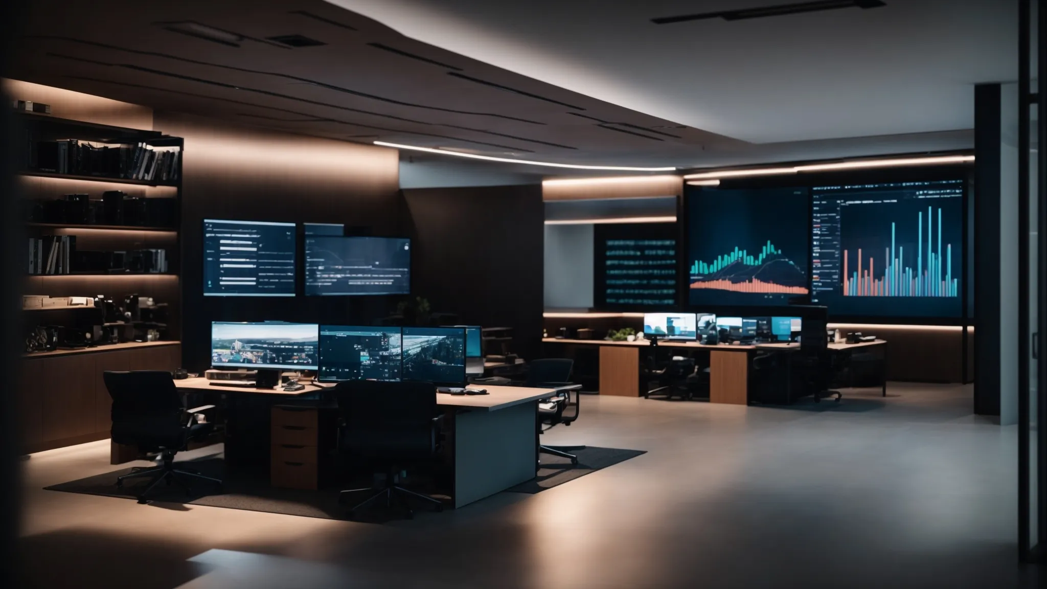a sleek, modern office environment illuminated by soft, ambient lighting, showcasing a powerful digital security interface displayed on a large screen, symbolizing top saas security strategies for businesses.