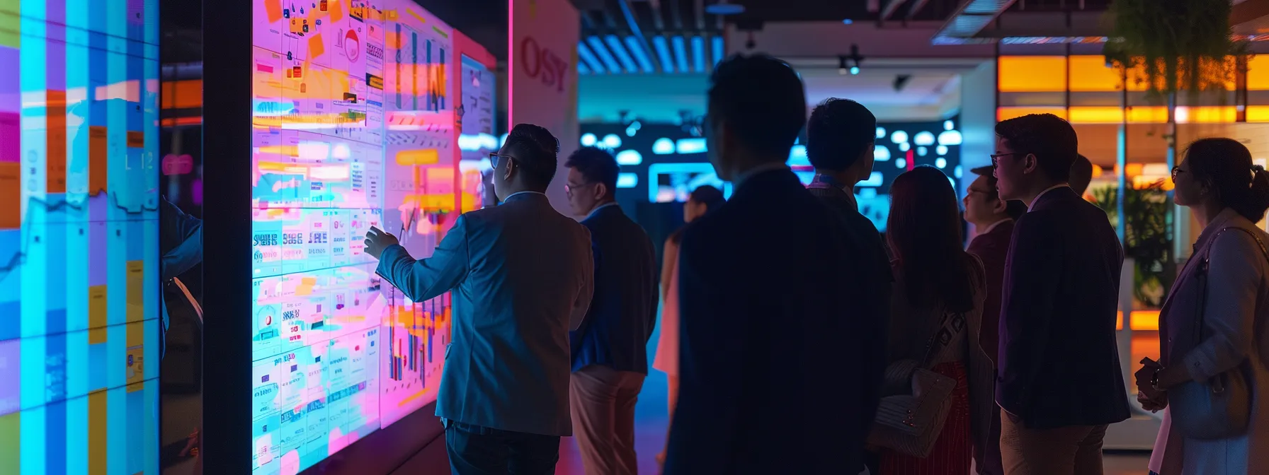 a dynamic office environment showcases a diverse group of professionals engaged in lively discussions around a large digital screen displaying data analytics and ai-infused charts, symbolizing the transformative impact of artificial intelligence on market growth.