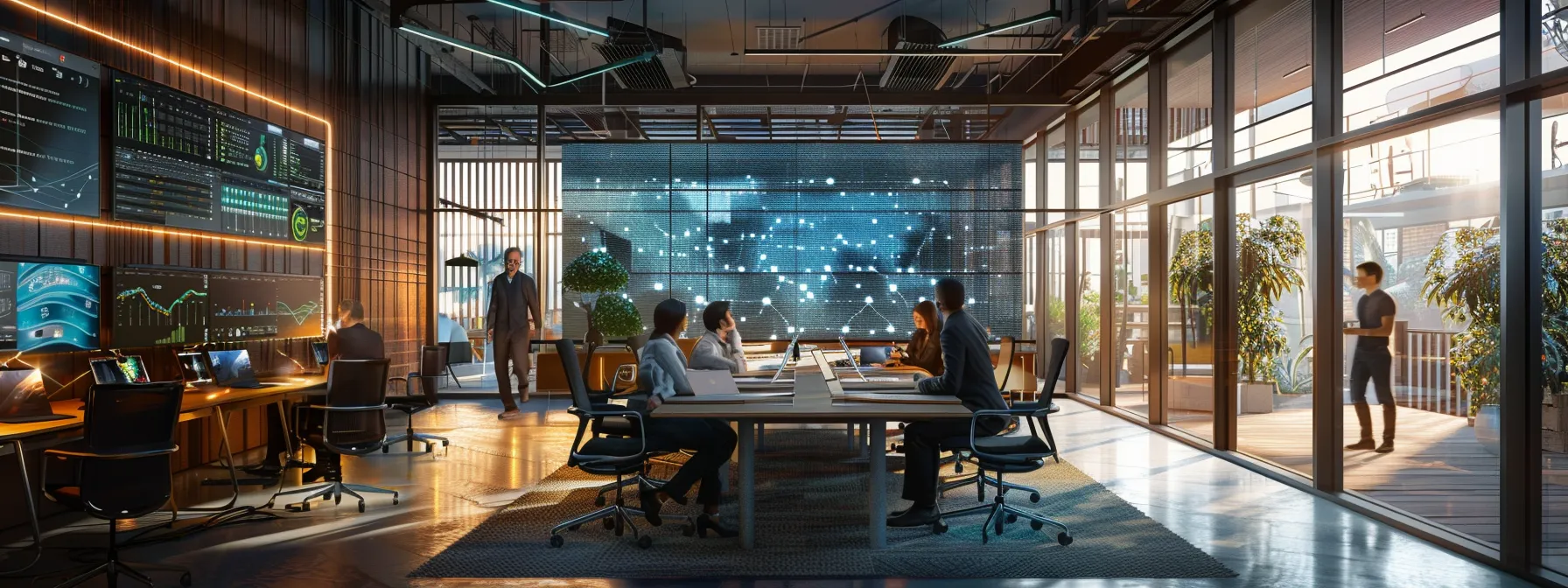 a dynamic office environment showcases a diverse team engaged in a collaborative brainstorming session, with interactive digital displays illustrating the latest ai breakthroughs, highlighting innovation and teamwork in technology.