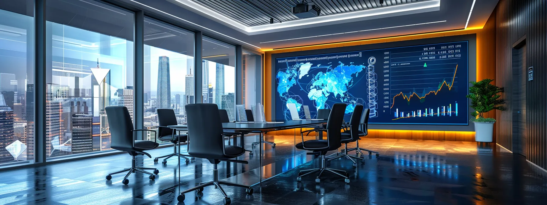 a dynamic urban office space featuring a sleek, modern conference room with a large digital screen showcasing vibrant graphs and charts, symbolizing the impact of ai market trends on business strategies in 2023.
