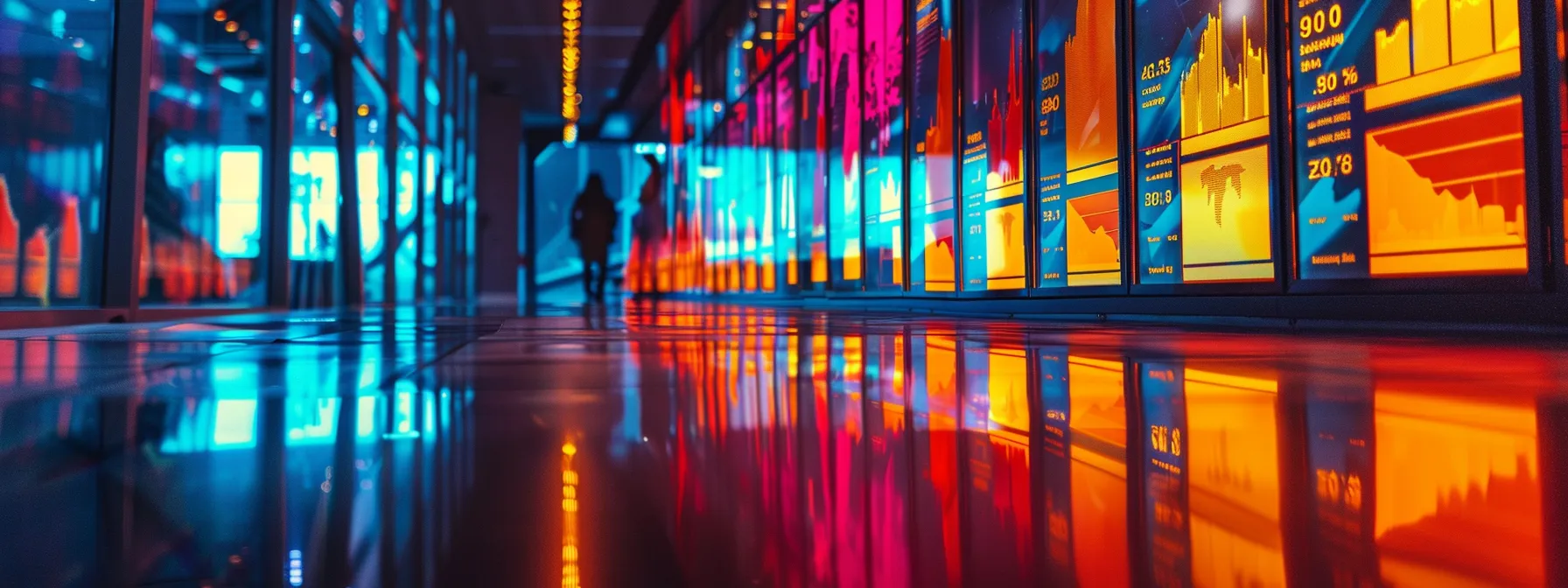 a sleek modern conference room illuminated by bold led screens displays dynamic graphs and statistics, capturing the essence of unexpected ai market trends in a vibrant urban office environment.