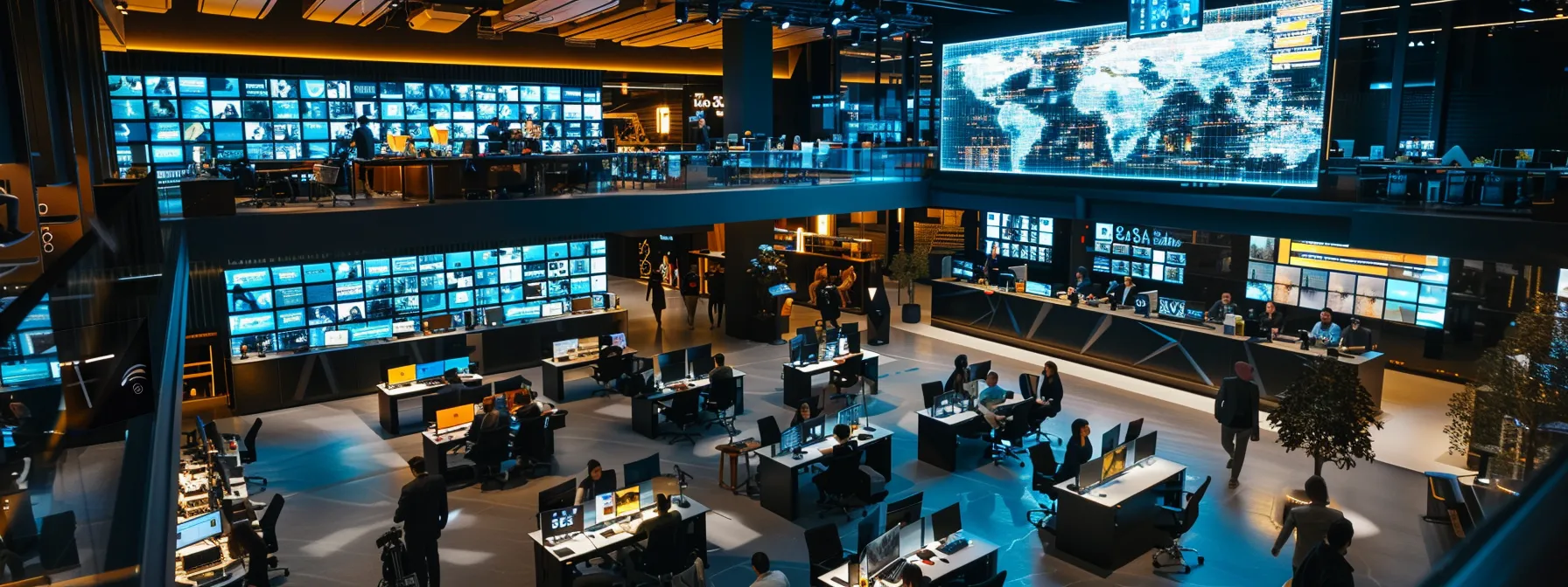 a sleek, modern office bustling with professionals engaged in virtual meetings, surrounded by high-tech screens displaying dynamic ai data analytics, radiating a sense of innovation and progress.