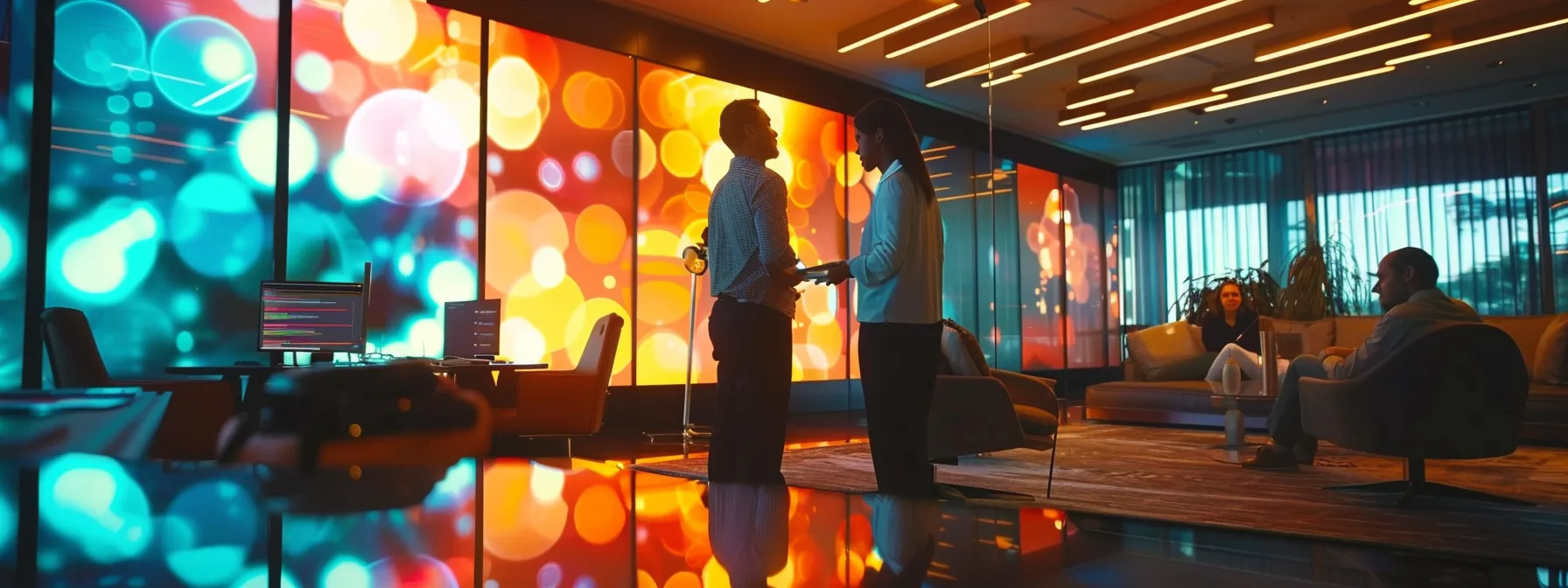 a sleek, modern office environment featuring diverse professionals engaged in dynamic discussions around digital displays showcasing vibrant data visualizations of ai market trends, illuminated by strategic warm overhead lighting.