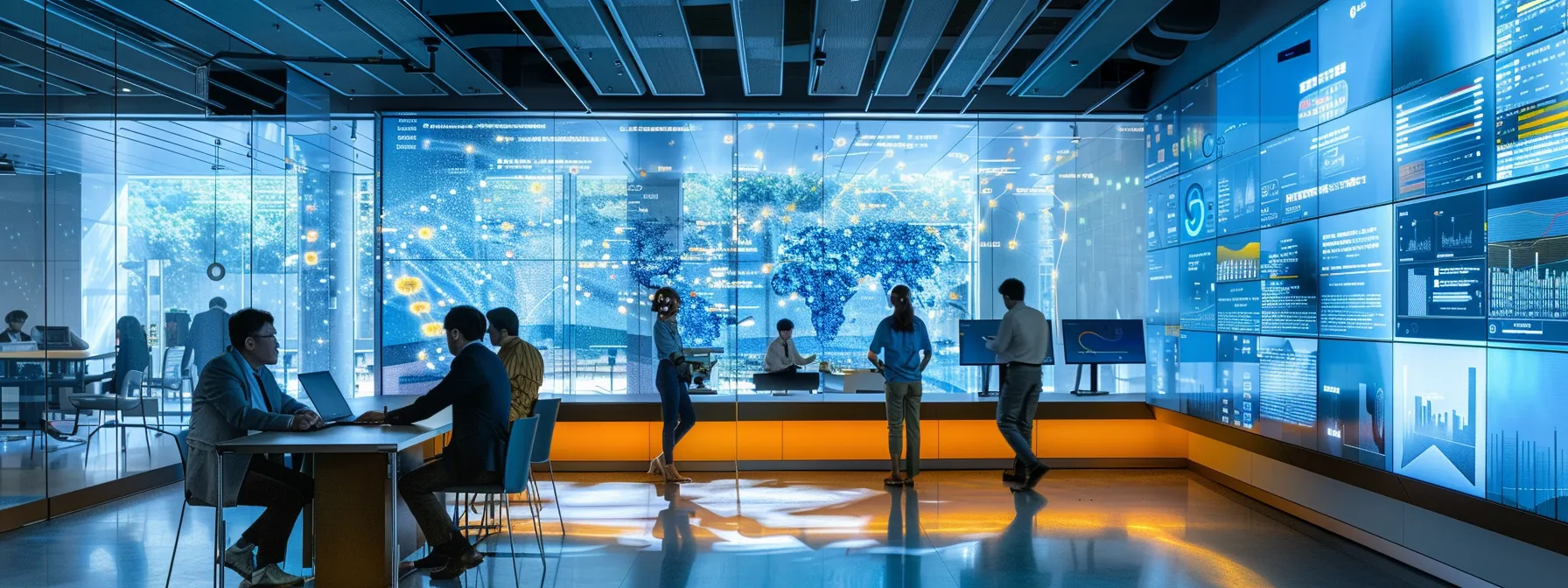 a sleek, modern office filled with digital displays and innovative technology showcases professionals collaborating around a central smart table, highlighting the transformative impact of ai innovations across various industries.