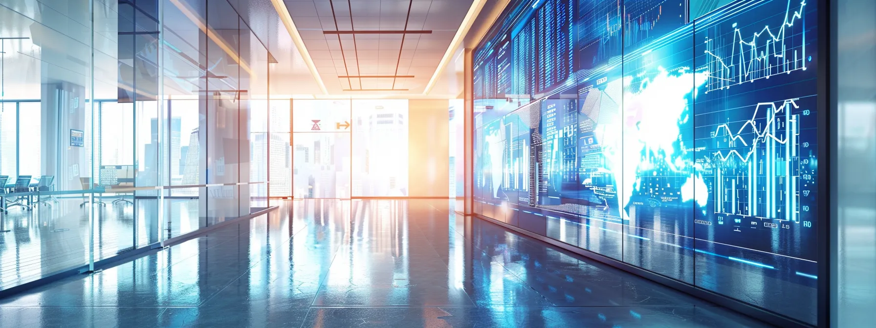 a sleek, modern office space filled with vibrant digital screens displaying contrasting graphs and trends of artificial intelligence versus traditional technology, illuminated by dynamic, ambient lighting that emphasizes the innovative atmosphere.