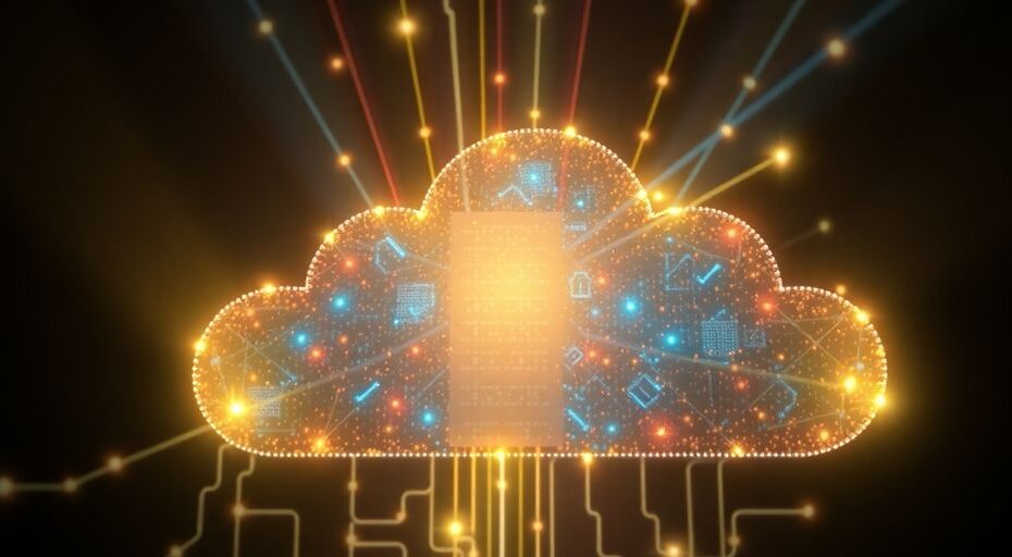 Digital cloud with interconnected virtual servers.