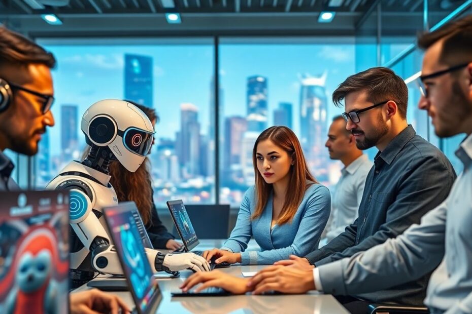 People and AI robots working together in modern office