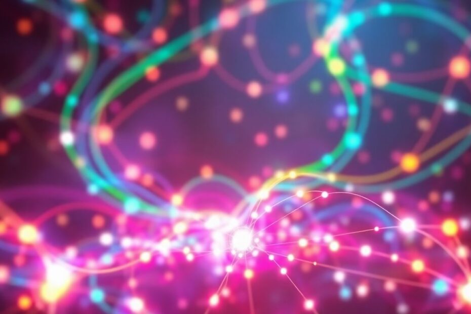 Abstract digital landscape with glowing nodes and energy streams.