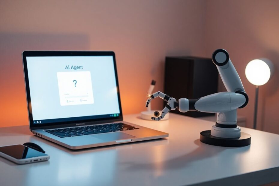 AI agent interface on a laptop with a robotic arm.