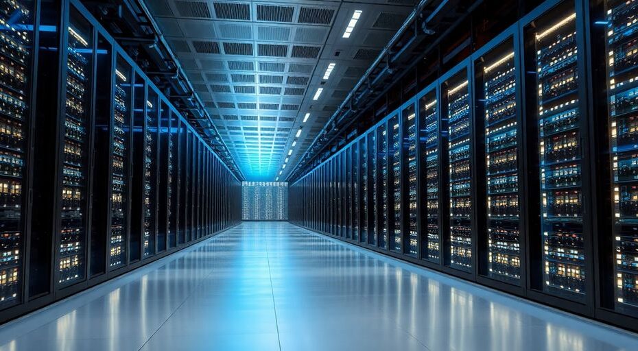 Massive data center with glowing server racks.