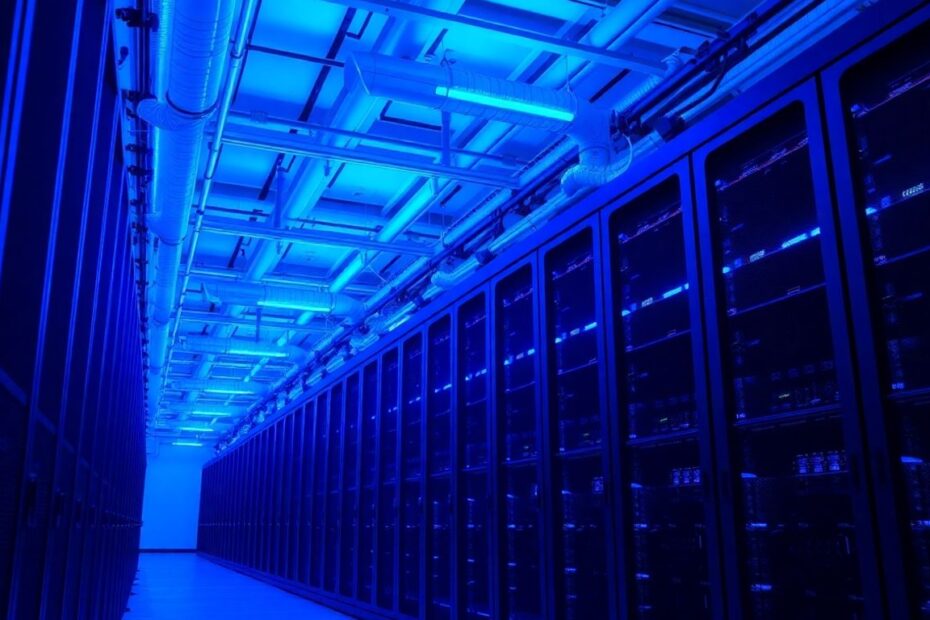 Data center cooling systems with server racks and blue lights.