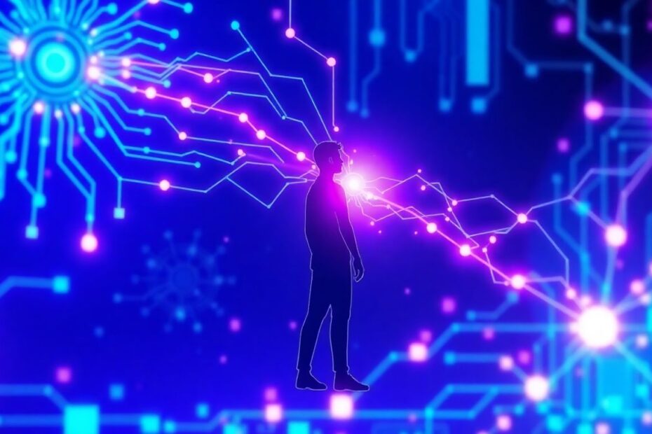 AI and human interacting with digital connections.