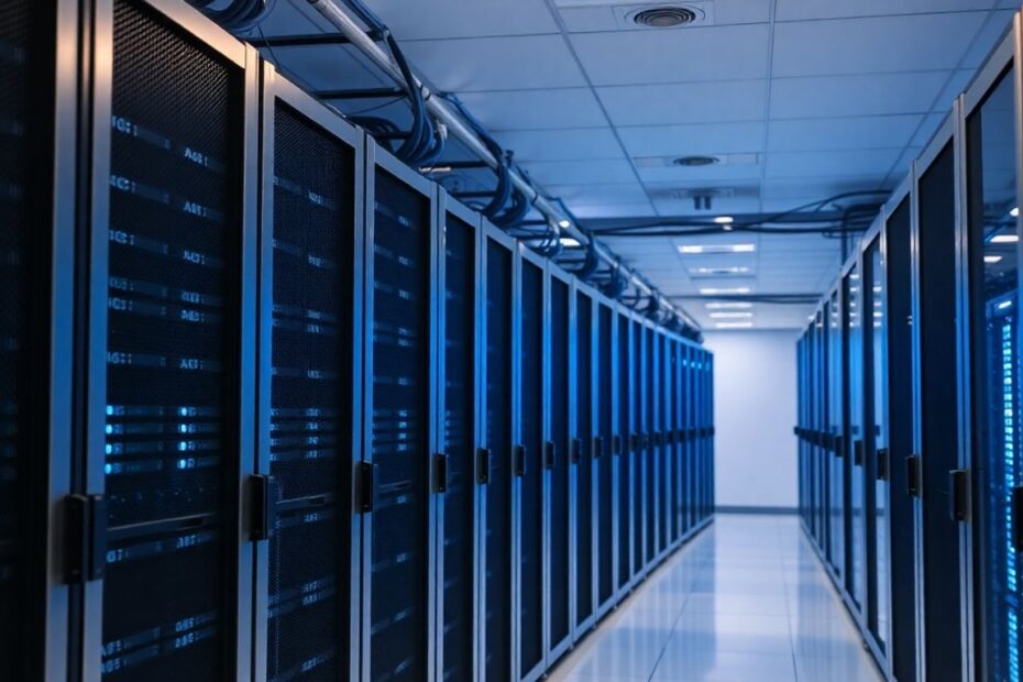 Tier 3 data center interior with server racks.