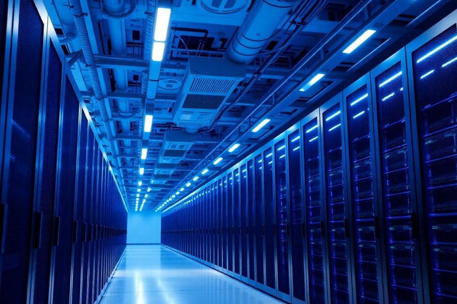 Modern data center with server racks and cooling systems.