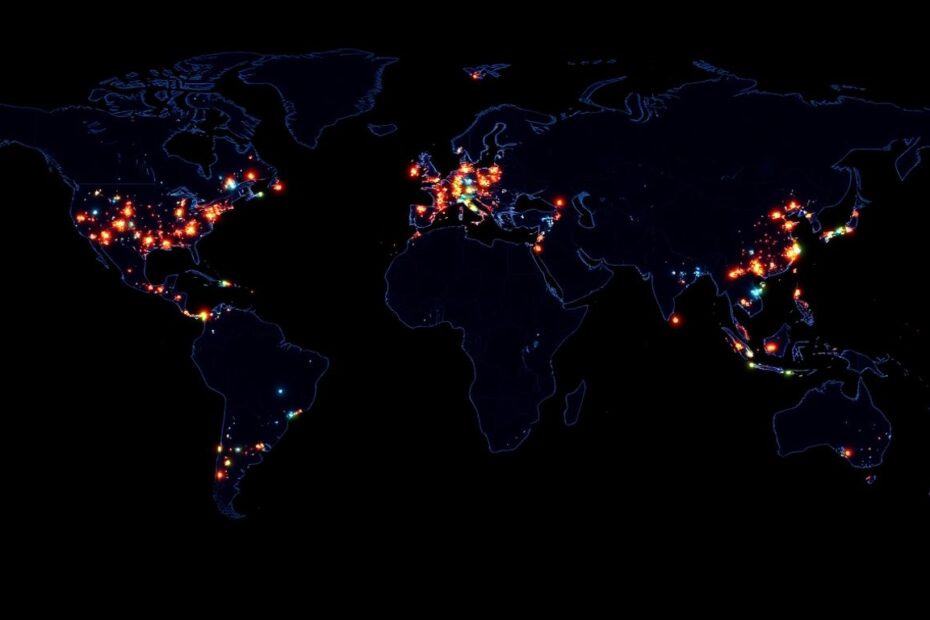 World map with glowing data center locations.