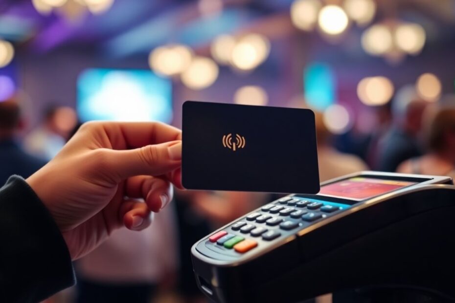 Contactless RFID payment terminal with credit card.