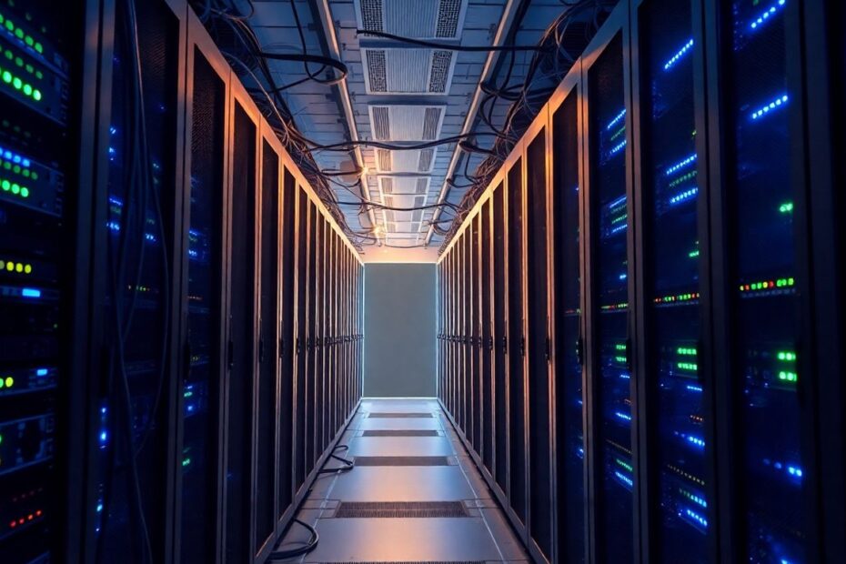 Data center servers with blue and green lights.