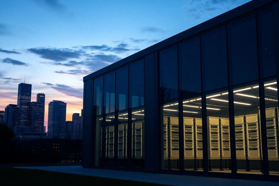 Blackstone data center exterior with illuminated server racks and city skyline.