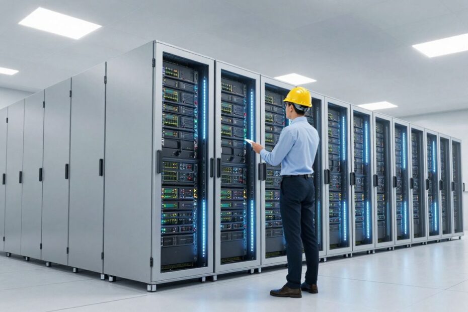 Professional in data center with server racks.