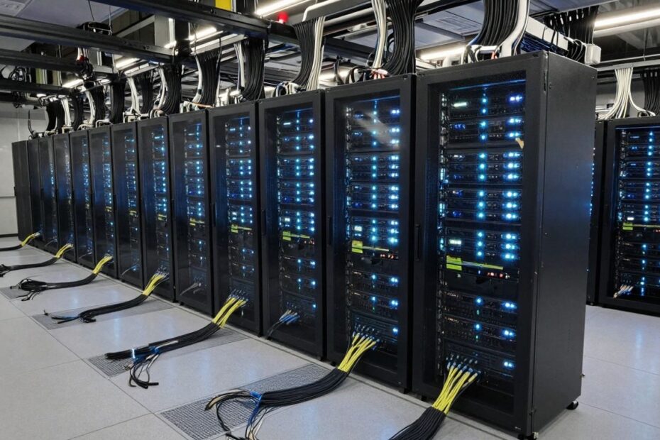 Amazon data center server racks with glowing lights.